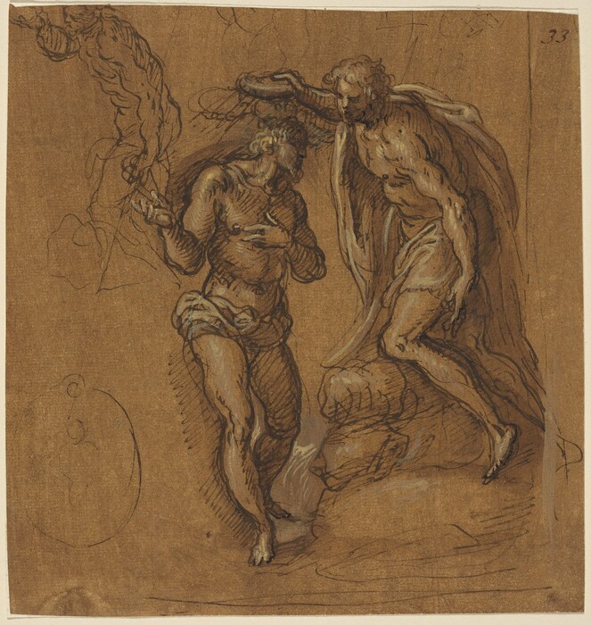The image shows two figures, one standing and the other kneeling on a rock. The standing figure faces slightly left with their head turned towards the other figure. They have a muscular body and curly hair. The kneeling figure leans towards the standing figure with an arm extended above the other figure's head. This figure also has defined musculature and curly hair. Both figures appear minimally clothed in draped fabrics around their waists. The background consists of simple, abstract lines and shading on a textured surface, without identifiable environmental details.