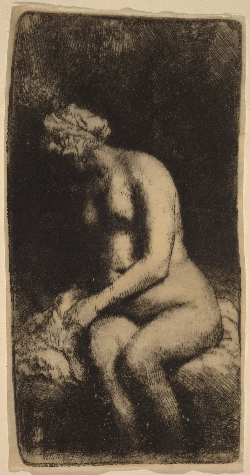 Nude Seated on a Bench with a Pillow (Woman Bathing Her Feet at a Brook)