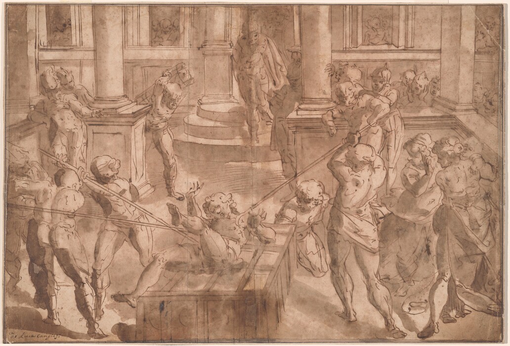 Drawn with brown ink and shaded with brown wash, three men hold a fourth down on a platform-like heated grate as another bends over to stoke the fire on this horizontal sheet of paper. The man on the grill writhes with hands and one foot lifted high. Another muscular person in the background to the left brings a bundle of planks, presumably firewood. Seven others, including a woman holding a baby, stand mostly in pairs around the grill, some of them leaning on chest-high ledges or against columns. More people are loosely sketched beyond the low wall to the right and looking on from rectangular window openings along the back of the space. Writing in the lower left corner under the image reads, “Luca Cangiazi.”