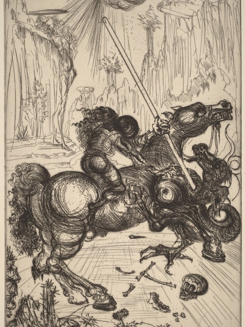 Printed with velvety black lines on cream-white paper, a person sits astride a rearing horse in this vertical etching. The horse and rider face our right in profile, and both are densely shaded with curving lines and hatching. The horse’s lips pull back to show a long row of teeth. Its huge eyes look up and its ears are flattened as it rears on its hind legs. Its curly tail cascades down behind its muscular hindquarters. The rider hunches forward so details of the clothing and face are hard to make out, but a profusion of curly hair flares out from under what is probably a helmet. The rider holds a long lance in the left hand, on the far side of the horse, but crosses his body to pierce a serpent-like dragon, which writhes between the horse’s front legs. Human bones, a skull, and a horse’s jawbone lie on the ground beyond some spiky plants. Steep cliffs are lightly etched in the background, and a person, as tall as the cliff face, is bound against the rock. She has long curly hair and a halo. Dark rays emanate down at her from a dark cloud above. The print is signed in the lower margin under the right corner, “Salvador Dalí 1647.”