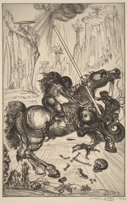 Printed with velvety black lines on cream-white paper, a person sits astride a rearing horse in this vertical etching. The horse and rider face our right in profile, and both are densely shaded with curving lines and hatching. The horse’s lips pull back to show a long row of teeth. Its huge eyes look up and its ears are flattened as it rears on its hind legs. Its curly tail cascades down behind its muscular hindquarters. The rider hunches forward so details of the clothing and face are hard to make out, but a profusion of curly hair flares out from under what is probably a helmet. The rider holds a long lance in the left hand, on the far side of the horse, but crosses his body to pierce a serpent-like dragon, which writhes between the horse’s front legs. Human bones, a skull, and a horse’s jawbone lie on the ground beyond some spiky plants. Steep cliffs are lightly etched in the background, and a person, as tall as the cliff face, is bound against the rock. She has long curly hair and a halo. Dark rays emanate down at her from a dark cloud above. The print is signed in the lower margin under the right corner, “Salvador Dalí 1647.”