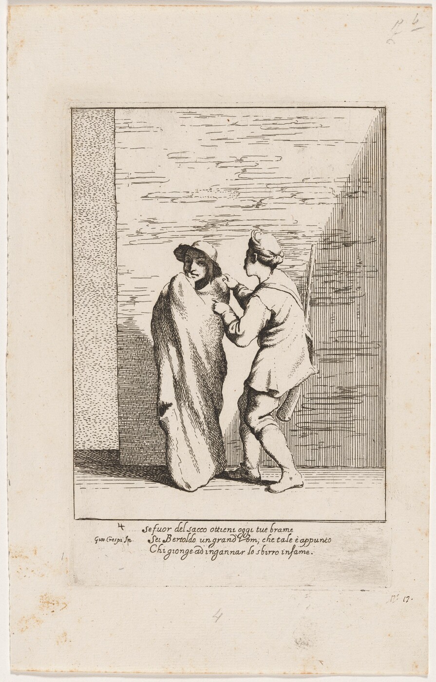 The image depicts two individuals. The person on the left is covered in a large cloak, only their head visible and slightly tilted downward. They wear a wide-brimmed hat. The other person stands upright facing the first person. They have short hair, wear a cap, tunic, tight pants, and boots. The second individual gestures towards the first. Both lack visible jewelry or objects. The background shows a textured wall with parallel lines and hatching. Italian text below the scene provides context.