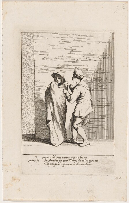 The image depicts two individuals. The person on the left is covered in a large cloak, only their head visible and slightly tilted downward. They wear a wide-brimmed hat. The other person stands upright facing the first person. They have short hair, wear a cap, tunic, tight pants, and boots. The second individual gestures towards the first. Both lack visible jewelry or objects. The background shows a textured wall with parallel lines and hatching. Italian text below the scene provides context.