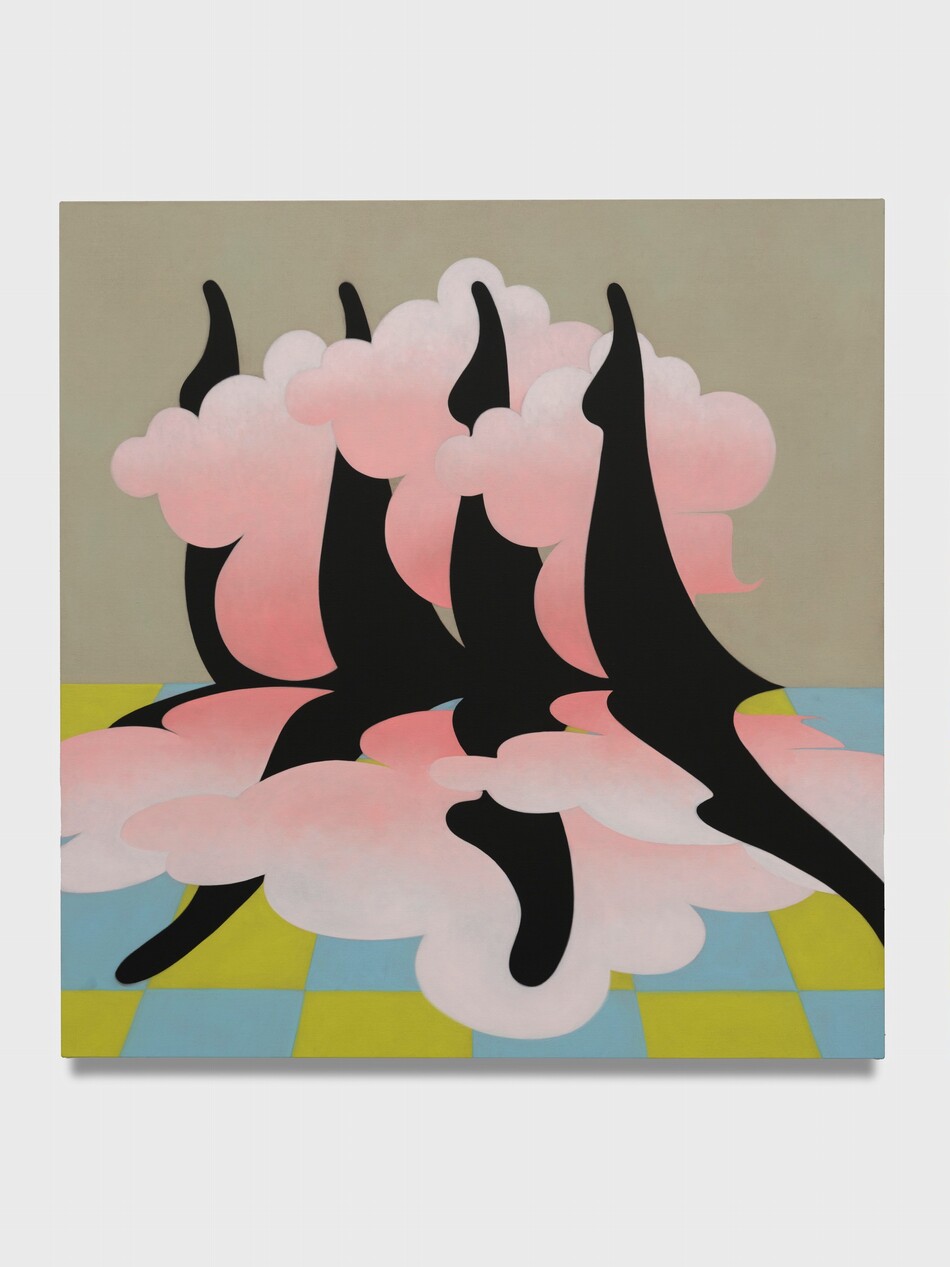 This painting displays an array of curving black shapes rising from soft pink forms. The background of the painting is divided horizontally into two sections; the top section has a light gray background, while the bottom is a checkered pattern of light blue and yellow squares. The bottom half seems to reflect the black shapes and pink clouds that appear on the top of the image. The black shapes look almost like upraised legs, with the feet at the top pointed upwards. The pink forms look like fluffy clouds.