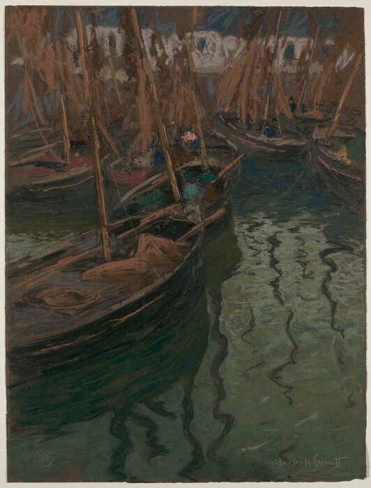 The image shows boats densely packed together in a harbor or marina. The boats have tall masts and folded sails. There are hints of buildings or structures in the background, suggesting a shoreline or dock. The brushstrokes are fluid and expressive, capturing textures and movement. The color palette includes deep greens, browns, and hints of blue and tan, with reflections on the water's surface. The lighting suggests dusk or dawn.