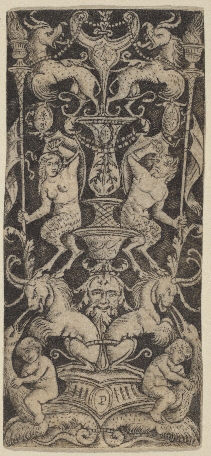 Panel of Ornament with Two Naked Children on Monstrous Beasts