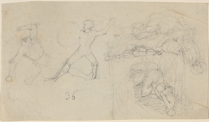 Sheet of Sketches, including Two Warriors Fighting
