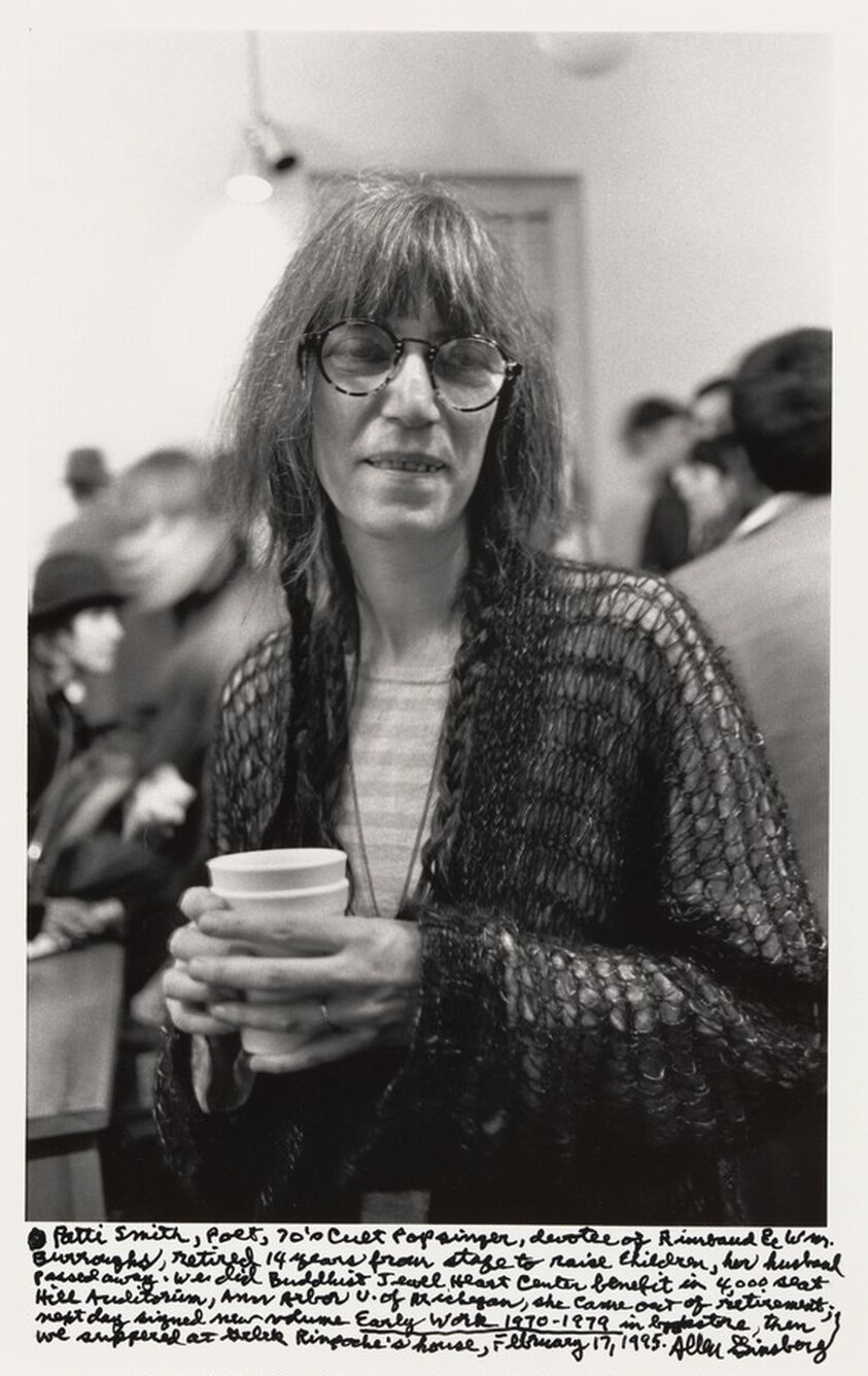 Patti Smith, poet, 70's cult pop singer, devotee of Rimbaud & Wm. Burroughs, retired 14 years from stage to raise children, her husband passed away. We did Buddhist Jewel Heart Center benefit in 4,000 seat Hill Auditorium, Ann Arbor U. of Michigan, she came out of retirement; next day signed new volume _Early Work 1970-1979_ in bookstore, then we suppered at Gelek Rinpoche's house, February 17, 1995.