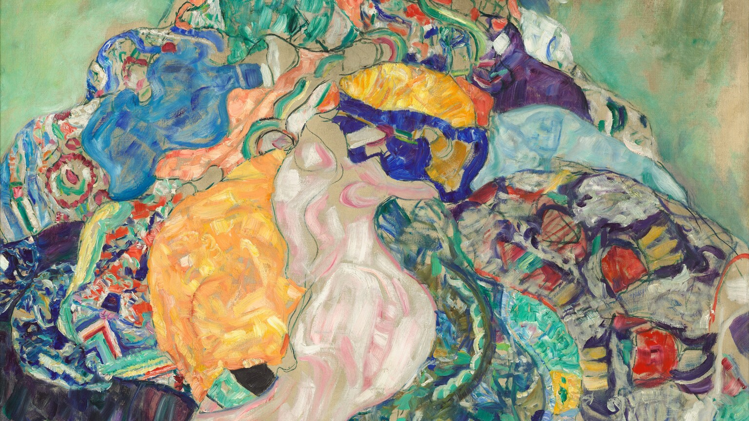 A baby nestles in a mass of frilly white fabric atop a colorful patchwork, perhaps a pile of quilts, against a sage and spring-green background in this square painting. The baby’s face and right hand peeks out from the mountain of fabric at the top center of the composition. The infant has ash-white skin with pink cheeks and lips, and looks down toward us with large dark eyes. The pile of fabric creates a mosaic-like mix of pattern and color with vibrant royal and baby blue, sage green, turquoise, butter yellow, and shell and salmon pink. Some patterns are outlined in black while brushstrokes swirl together in other areas. The background is mottled with cool mint and asparagus-green strokes against pale beige.