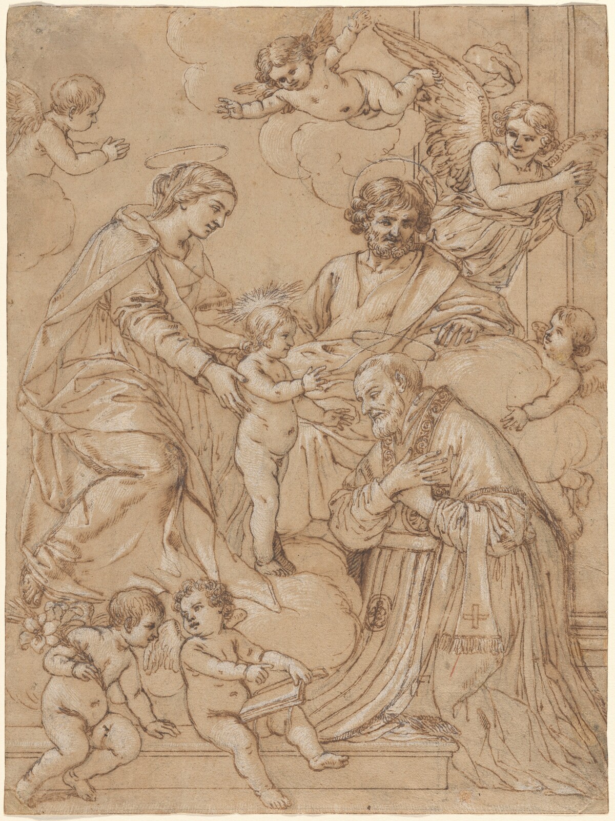 The Holy Family with Saint Philip Neri in Adoration, an Angel, and Putti