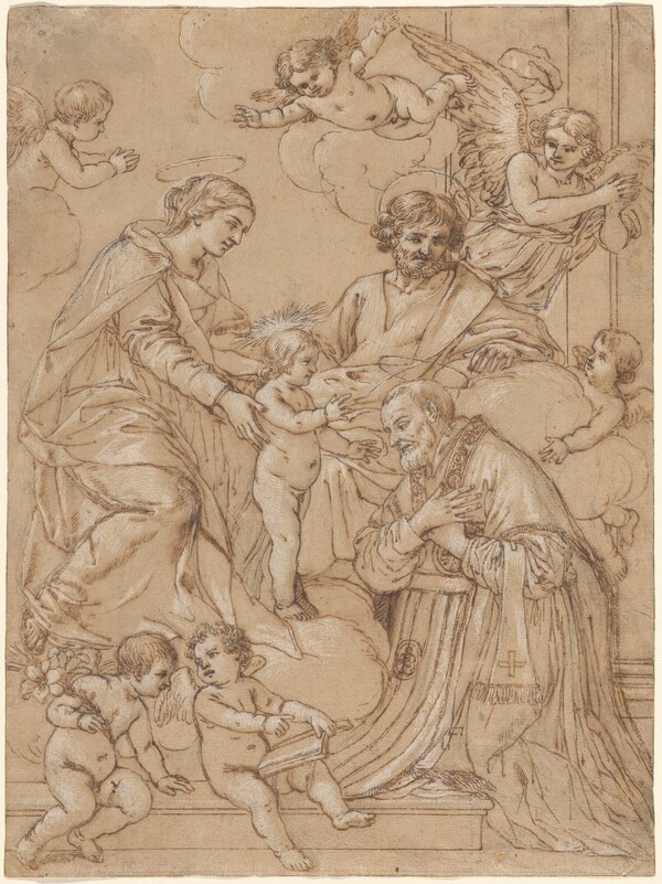 The Holy Family with Saint Philip Neri in Adoration, an Angel, and Putti