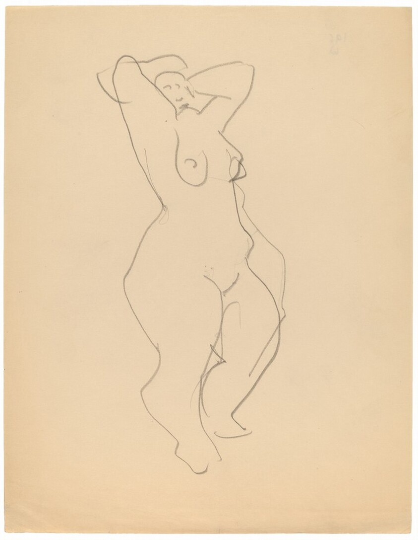 Standing Female Nude Turned to the Right, Arms Raised to Head