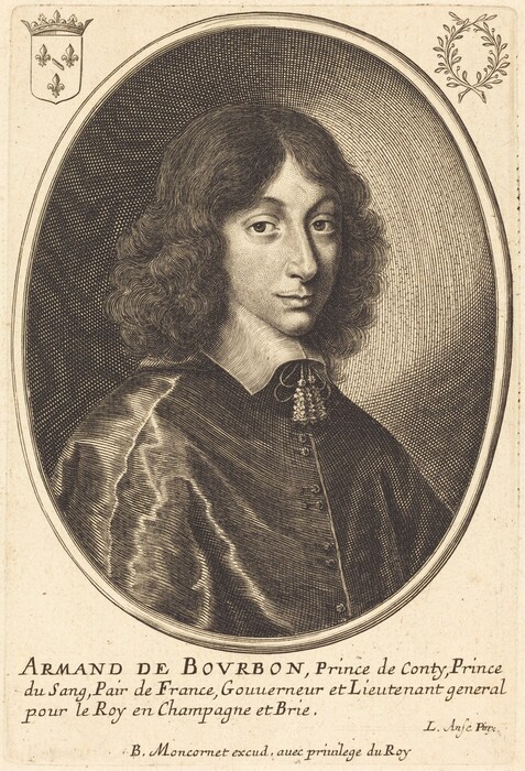 The image is a portrait displaying the upper body of an individual, shown from the chest upwards. The person is facing slightly to the left with their head turned towards the viewer. They have distinct facial features including a pronounced nose, full lips, and clear eyes. The individual's long, curly hair falls past their shoulders. They are wearing a richly decorated garment with a high collar, fastened with a decorative tie at the neck. In the background, there are two heraldic symbols placed in the corners around the oval frame of the portrait. The artwork has a textured, engraved appearance with cross-hatching providing shade and depth. Below the portrait, there is text containing the individual's name and titles, surrounded by an ornate, decorative border.