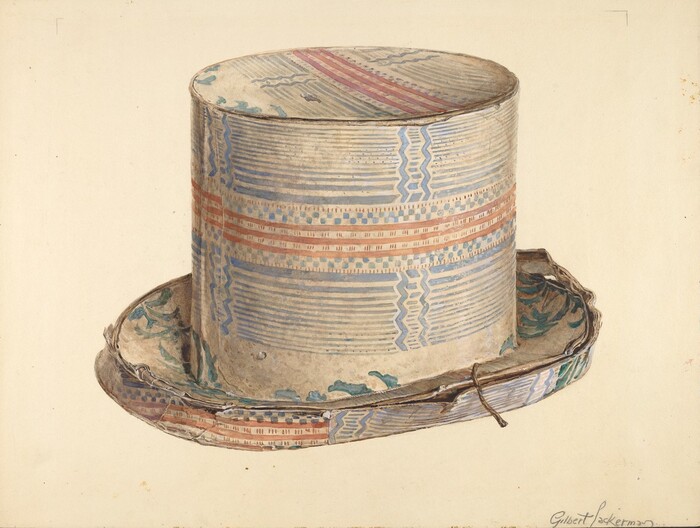 The image shows a top hat with a cylindrical crown and a wide brim. The color palette includes muted blues, grays, and beiges with red and blue geometric and floral patterns. The hat is showcased against a light background, emphasizing its intricate design.