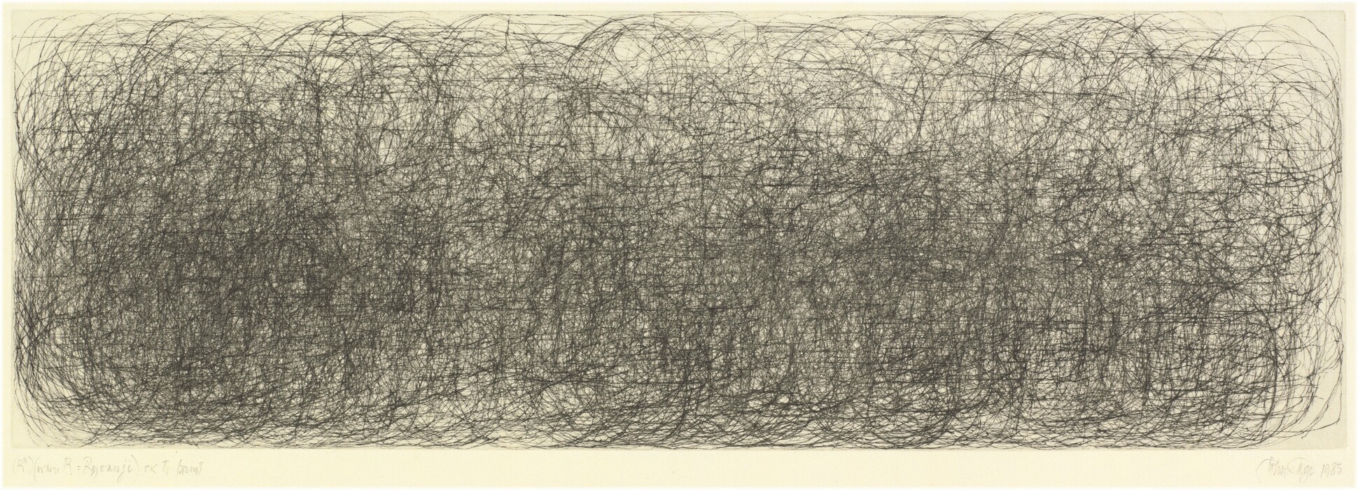 The image displays a network of swirling lines creating a dense grid pattern. The abstract composition resembles tangled yarn or interwoven branches, resulting in a chaotic texture similar to undergrowth in a forest.