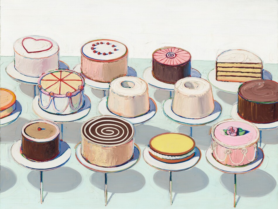 Thirteen round cakes sit in three rows, each on a disk-like stand supported on a thin rod, in this horizontal painting. We look slightly down onto the cakes, which only barely overlap. All of the cakes are round except for one, which has been cut in half so we see the four layers of yellow cake and chocolate frosting inside. The top of that cake is white. All of the other cakes are unique except for two angel food cakes at the center, which are slightly different heights. Most of the other cakes have white or brown frosting, except for a pink cake at the front right. That cake has white swags piped on the sides and a pink rose on the top. Next to it is a cake topped with yellow, perhaps lemon curd. The other two cakes in the front row have a white swirl against dark brown frosting, and the fourth, near the left egde, is topped with a single red cherry. Half of a low, pale orange cake is cut off by the left edge of the canvas in the middle row. Each cake stand casts a pale gray shadow against the light, arctic-blue counter. The paint is thickly applied throughout, and the outlines around the cakes, plates, and rods are streaked with rainbow colors. The artist signed the work by incising his name and the date into the wet white paint in the top right corner: “Thiebaud 1963.”
