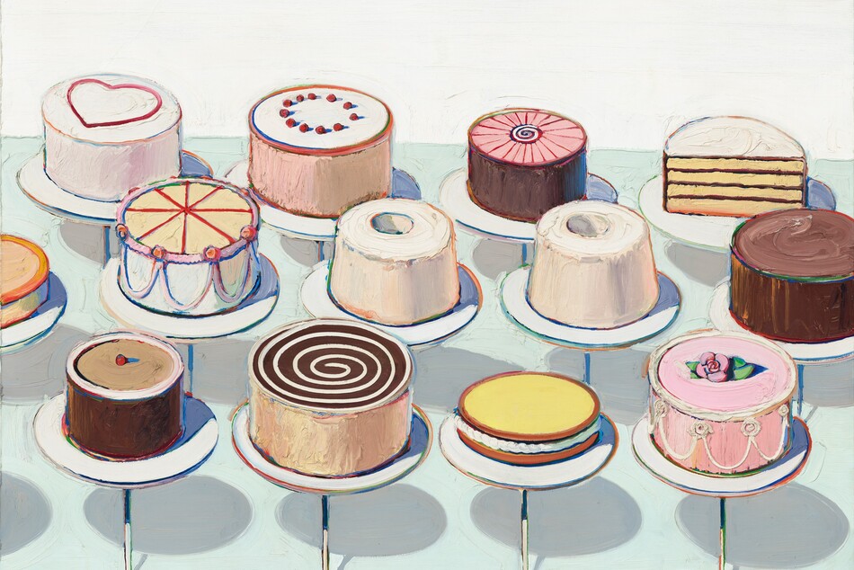 Thirteen round cakes sit in three rows, each on a disk-like stand supported on a thin rod, in this horizontal painting. We look slightly down onto the cakes, which only barely overlap. All of the cakes are round except for one, which has been cut in half so we see the four layers of yellow cake and chocolate frosting inside. The top of that cake is white. All of the other cakes are unique except for two angel food cakes at the center, which are slightly different heights. Most of the other cakes have white or brown frosting, except for a pink cake at the front right. That cake has white swags piped on the sides and a pink rose on the top. Next to it is a cake topped with yellow, perhaps lemon curd. The other two cakes in the front row have a white swirl against dark brown frosting, and the fourth, near the left egde, is topped with a single red cherry. Half of a low, pale orange cake is cut off by the left edge of the canvas in the middle row. Each cake stand casts a pale gray shadow against the light, arctic-blue counter. The paint is thickly applied throughout, and the outlines around the cakes, plates, and rods are streaked with rainbow colors. The artist signed the work by incising his name and the date into the wet white paint in the top right corner: “Thiebaud 1963.”