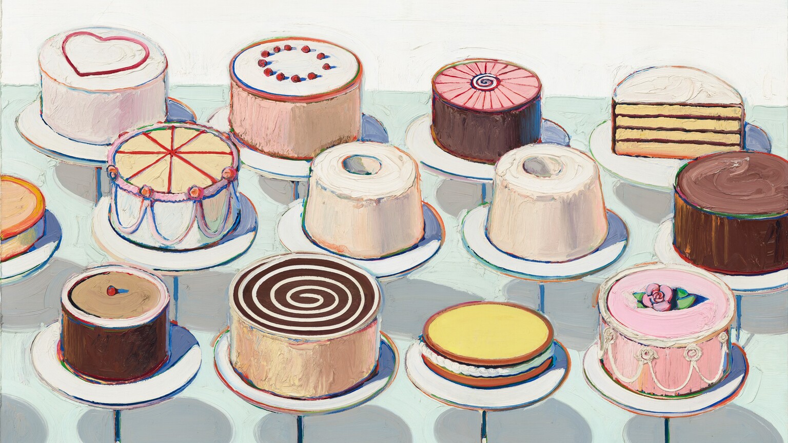 Thirteen round cakes sit in three rows, each on a disk-like stand supported on a thin rod, in this horizontal painting. We look slightly down onto the cakes, which only barely overlap. All of the cakes are round except for one, which has been cut in half so we see the four layers of yellow cake and chocolate frosting inside. The top of that cake is white. All of the other cakes are unique except for two angel food cakes at the center, which are slightly different heights. Most of the other cakes have white or brown frosting, except for a pink cake at the front right. That cake has white swags piped on the sides and a pink rose on the top. Next to it is a cake topped with yellow, perhaps lemon curd. The other two cakes in the front row have a white swirl against dark brown frosting, and the fourth, near the left egde, is topped with a single red cherry. Half of a low, pale orange cake is cut off by the left edge of the canvas in the middle row. Each cake stand casts a pale gray shadow against the light, arctic-blue counter. The paint is thickly applied throughout, and the outlines around the cakes, plates, and rods are streaked with rainbow colors. The artist signed the work by incising his name and the date into the wet white paint in the top right corner: “Thiebaud 1963.”