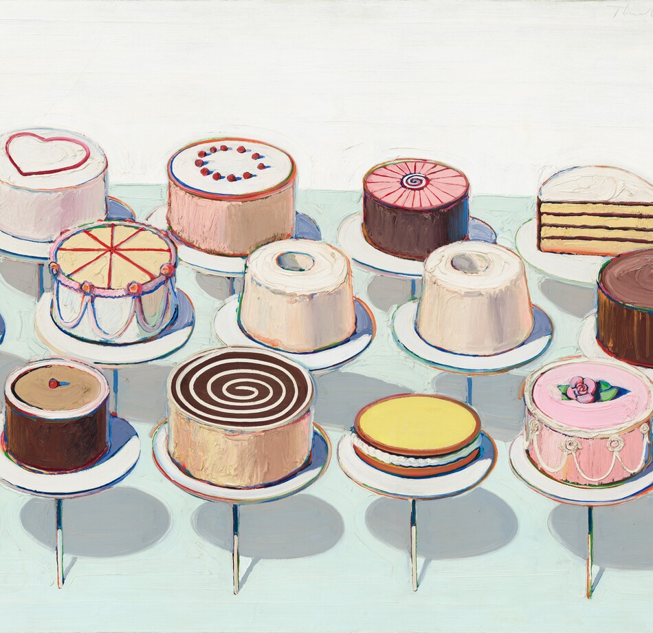 Thirteen round cakes sit in three rows, each on a disk-like stand supported on a thin rod, in this horizontal painting. We look slightly down onto the cakes, which only barely overlap. All of the cakes are round except for one, which has been cut in half so we see the four layers of yellow cake and chocolate frosting inside. The top of that cake is white. All of the other cakes are unique except for two angel food cakes at the center, which are slightly different heights. Most of the other cakes have white or brown frosting, except for a pink cake at the front right. That cake has white swags piped on the sides and a pink rose on the top. Next to it is a cake topped with yellow, perhaps lemon curd. The other two cakes in the front row have a white swirl against dark brown frosting, and the fourth, near the left egde, is topped with a single red cherry. Half of a low, pale orange cake is cut off by the left edge of the canvas in the middle row. Each cake stand casts a pale gray shadow against the light, arctic-blue counter. The paint is thickly applied throughout, and the outlines around the cakes, plates, and rods are streaked with rainbow colors. The artist signed the work by incising his name and the date into the wet white paint in the top right corner: “Thiebaud 1963.”