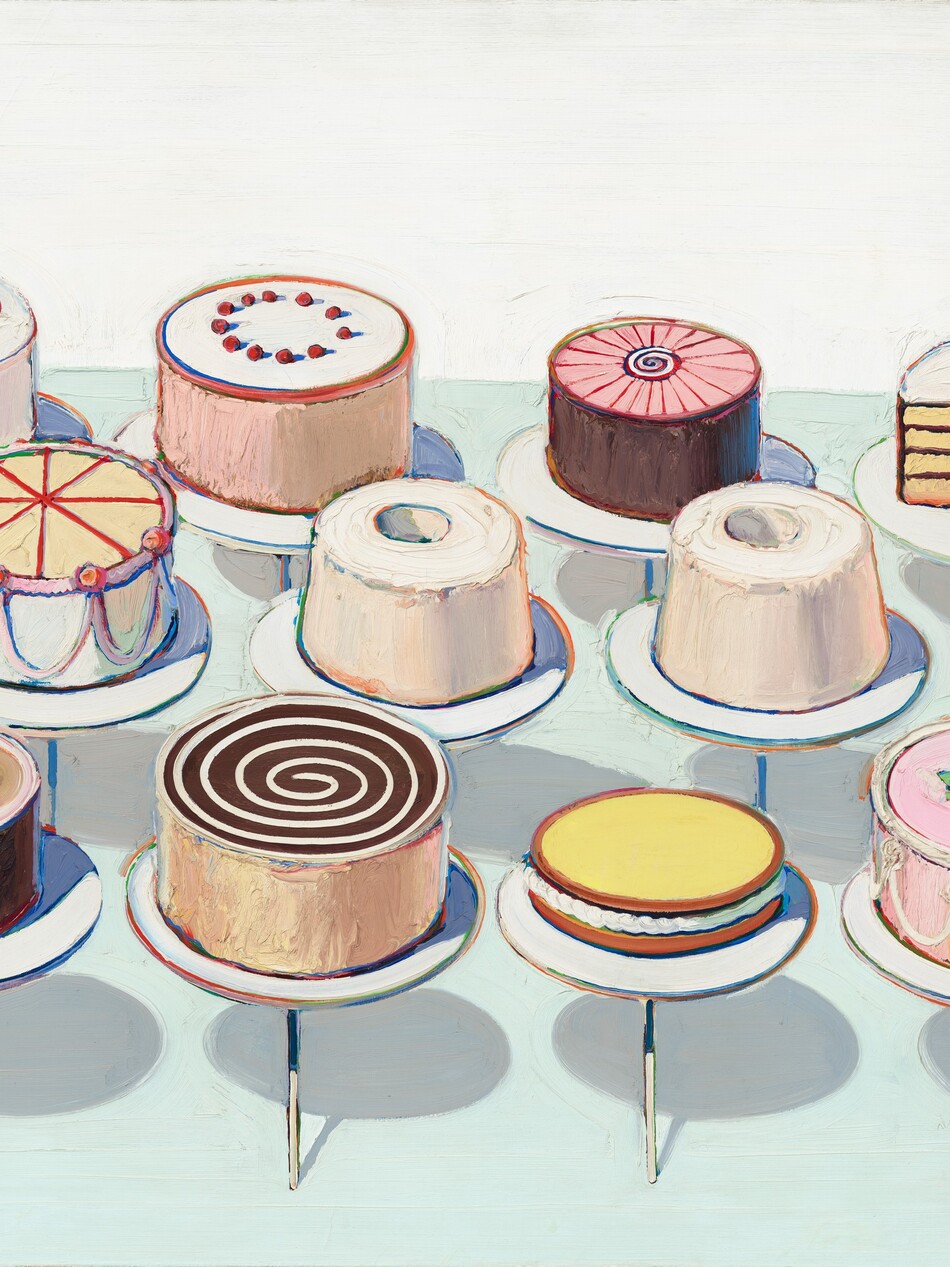 Thirteen round cakes sit in three rows, each on a disk-like stand supported on a thin rod, in this horizontal painting. We look slightly down onto the cakes, which only barely overlap. All of the cakes are round except for one, which has been cut in half so we see the four layers of yellow cake and chocolate frosting inside. The top of that cake is white. All of the other cakes are unique except for two angel food cakes at the center, which are slightly different heights. Most of the other cakes have white or brown frosting, except for a pink cake at the front right. That cake has white swags piped on the sides and a pink rose on the top. Next to it is a cake topped with yellow, perhaps lemon curd. The other two cakes in the front row have a white swirl against dark brown frosting, and the fourth, near the left egde, is topped with a single red cherry. Half of a low, pale orange cake is cut off by the left edge of the canvas in the middle row. Each cake stand casts a pale gray shadow against the light, arctic-blue counter. The paint is thickly applied throughout, and the outlines around the cakes, plates, and rods are streaked with rainbow colors. The artist signed the work by incising his name and the date into the wet white paint in the top right corner: “Thiebaud 1963.”