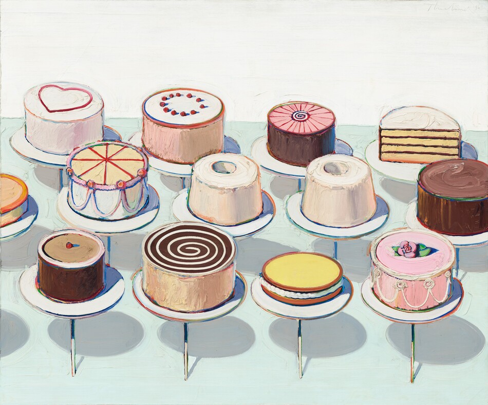 Thirteen round cakes sit in three rows, each on a disk-like stand supported on a thin rod, in this horizontal painting. We look slightly down onto the cakes, which only barely overlap. All of the cakes are round except for one, which has been cut in half so we see the four layers of yellow cake and chocolate frosting inside. The top of that cake is white. All of the other cakes are unique except for two angel food cakes at the center, which are slightly different heights. Most of the other cakes have white or brown frosting, except for a pink cake at the front right. That cake has white swags piped on the sides and a pink rose on the top. Next to it is a cake topped with yellow, perhaps lemon curd. The other two cakes in the front row have a white swirl against dark brown frosting, and the fourth, near the left egde, is topped with a single red cherry. Half of a low, pale orange cake is cut off by the left edge of the canvas in the middle row. Each cake stand casts a pale gray shadow against the light, arctic-blue counter. The paint is thickly applied throughout, and the outlines around the cakes, plates, and rods are streaked with rainbow colors. The artist signed the work by incising his name and the date into the wet white paint in the top right corner: “Thiebaud 1963.”