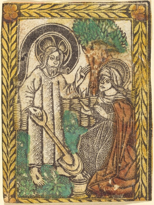 The image shows two figures. One figure is standing while the other is kneeling. The standing figure is depicted facing forward with one hand raised holding a shovel and the other hand resting by his side. He has long hair and a beard and a halo around his head. He is wearing a robe and standing barefoot on patchy green ground. The kneeling figure is shown beside the standing figure. She has long hair covered with a veil or headscarf, a halo around her head, and wears draped robes with a cloak. The background includes woven wicker structures, greenery, a textured tree with dense foliage, and a decorative border of yellow and orange floral motifs.