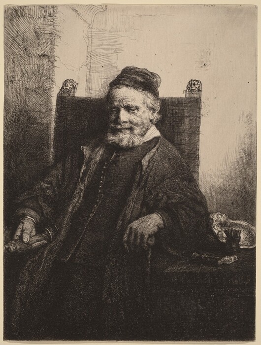 The image shows a man sitting in a high-backed chair. He is holding a scroll and has a small hat on his head. The man wears a dark robe with a light inner layer at the neck, and there are objects on a table beside him. The background is a simple, lightly sketched surface.