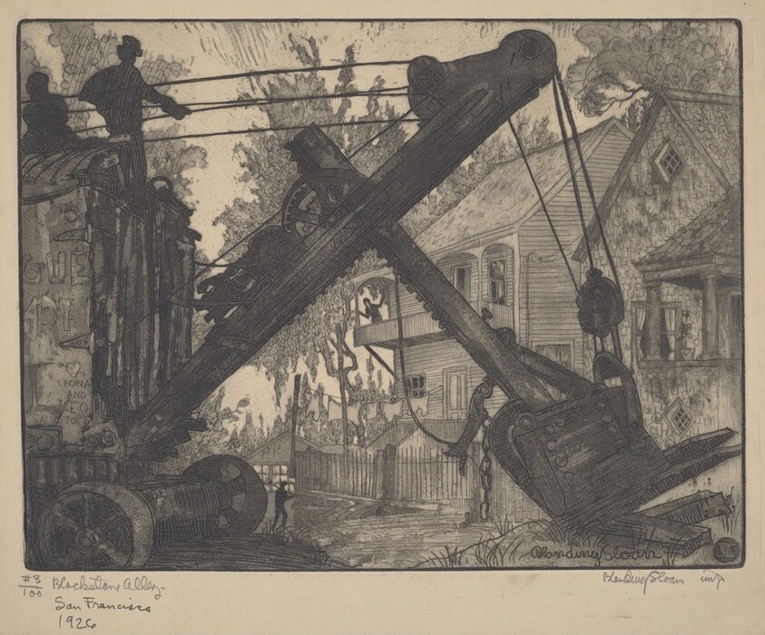 This is an image of an industrial scene in a residential neighborhood. There is a large piece of machinery in the foreground, possibly a steam shovel or crane. Behind it is a two-story house with shingled rooftops and overgrown foliage. The house is surrounded by a picket fence. In the background, there are more houses and a line of trees, with intricate detailing providing texture and depth to the scene. The image is rendered in monochrome, giving it a historical quality.