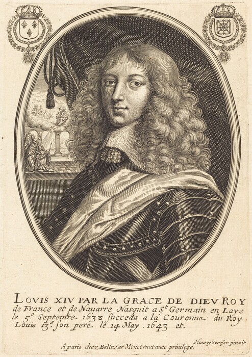 The image displays a formal portrait of a person from the waist up. The person faces slightly to the left, with long curly hair flowing past their shoulders. The individual wears ornate armor and a sash across their chest. Intricate crests with crowns and designs are in the upper corners. In the background to the left, figures are depicted interacting under archways with celestial elements above. The portrait is enclosed in an oval frame with text identifying the subject.