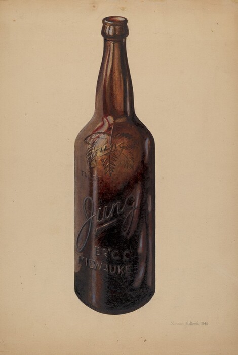 The image shows a large brown bottle with "Jung Brewing Co. Milwaukee" embossed on it. The color palette is mainly rich browns with highlights and shading. The bottle is centered on a neutral background, with the label facing forward.