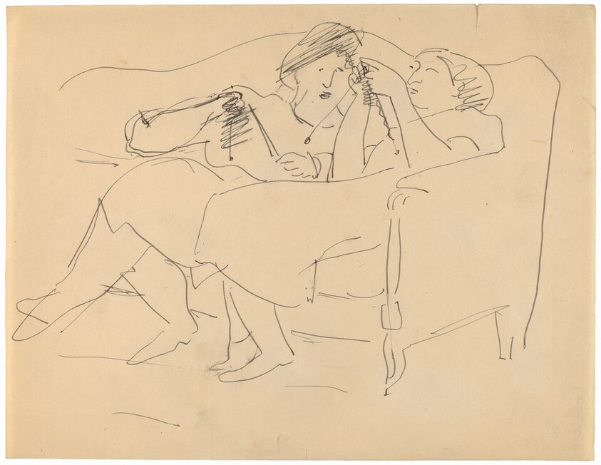 Two Women Leaning Back in Sofa, Knitting