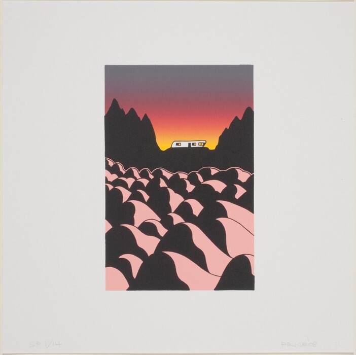 The image features a stylized landscape with rounded forms that resemble hills or mounds. The horizon shows dramatic orange and red hues. Against the vibrant sky on the horizon, there is a trailer-like structure. Colors are bold and contrasting, with black and pink dominating the landforms closest to us, and intense reds and oranges in the sky. The sharp, clean lines and solid color fills create a graphic and modern art style without visible brushstrokes, emphasizing the contrast between the natural landscape and the man-made element in the distance.