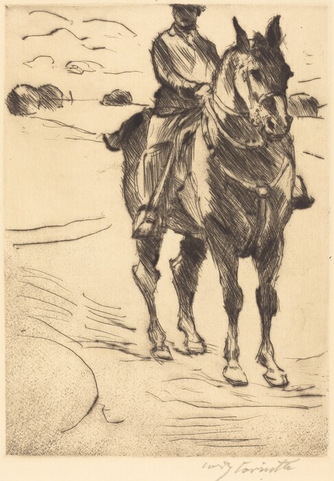 The image shows a drawing of a person riding a horse. The rider is seated on the horse, holding the reins with both hands. The person's face is not detailed, wearing a hat. The drawing suggests the rider is wearing equestrian attire. The horse is shown in full, and the background depicts a minimalist landscape with bushes or small trees. The ground and foreground are shaded to show terrain.