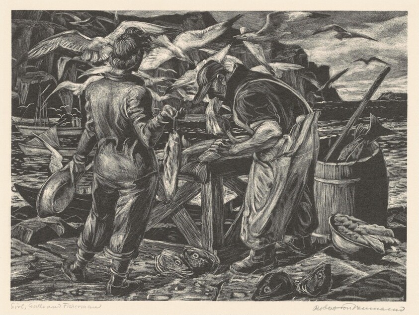 Girl, Gulls, and Fisherman