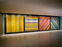 Wall Drawing No. 681 C / A wall divided vertically into four equal squares separated and bordered by black bands. Within each square, bands in one of four directions, each with color ink washes superimposed., Sol LeWitt, 1993