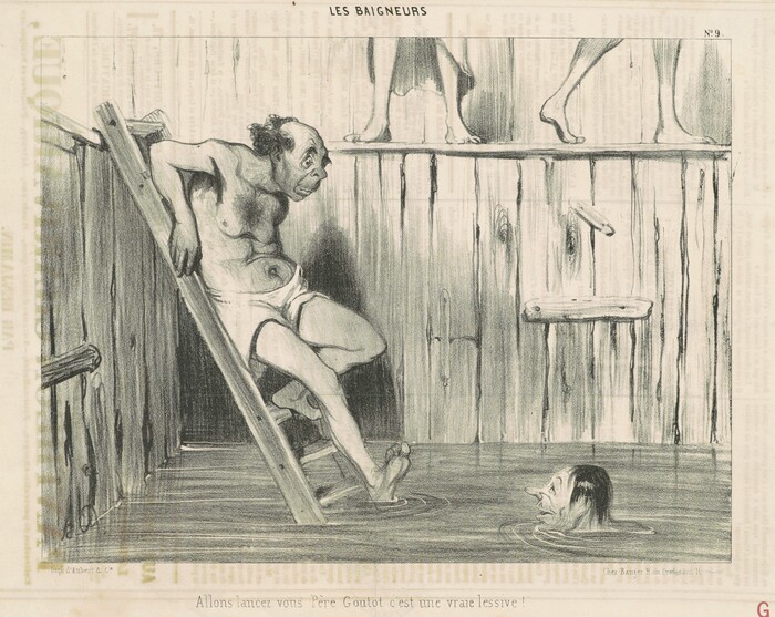 The image depicts a caricature of a person sitting on a wooden structure, presumably a ladder or stairs, entering a wooden bathing area. The person's body is mostly shown, seated with knees bent, and supported by one hand on the ladder. The face has exaggerated features like bulging eyes and a prominent nose, with a receding hairline and a few tufts of hair. The man is wearing shorts or a bathing suit bottom. In front of him, there is water, in which another head with similar exaggerated features is floating. Above the seated figure, the legs of another person walking are visible, but the rest of the body is cut off from view. The background consists of wooden planks as the walls of the bathing area.