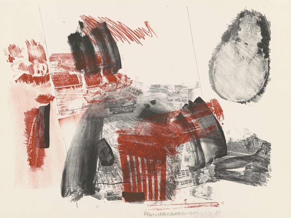 The image displays intersecting shapes and lines in black and red tones. Broad brushstrokes meet sharp lines, creating a dynamic movement. There are elements resembling newspaper clippings and photographs, including a partially obscured face and text fragments.
