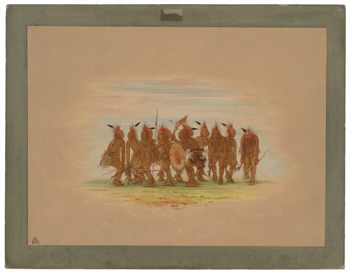 The image shows a group of eight full-body depictions of Native American men standing and walking together. They are positioned in a line with subtle variations in stance and direction, indicating movement. The men have distinct facial features with dark, straight hair adorned with red and black feathers. Their hair is styled into mohawks or pulled back. They are wearing traditional attire, including fringed skirts, beaded necklaces, and bracelets. One of the men is holding a spear, while another holds a circular shield decorated with patterns, and a smaller hand-held fan-like object. Some men have bows and arrows. The men are set against a light background with pastel tones. The scene is framed with a simple grey-green matte.