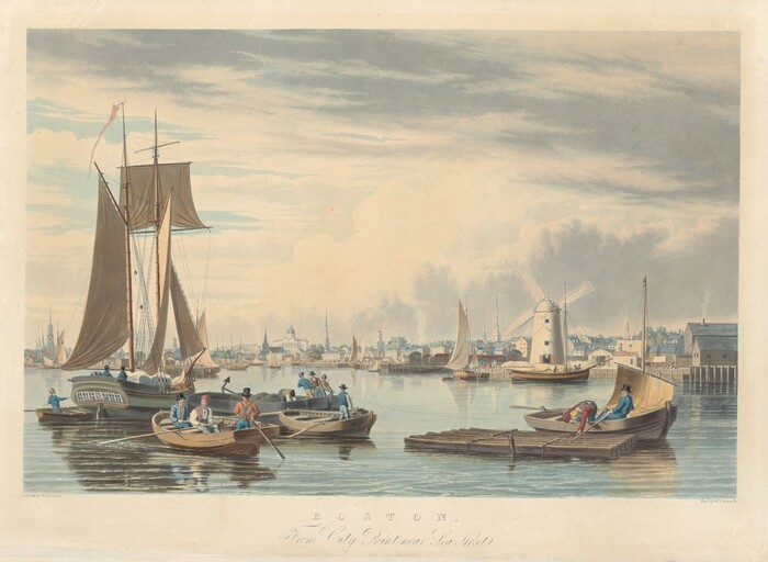 The image depicts a harbor scene with people and boats on calm water. The cityscape and a windmill are visible in the background. The scene is painted with fine brushstrokes capturing details of sails, boats, and reflections. The color palette is soft with shades of blue, brown, and beige dominating. In the distance, a larger sailboat and city buildings are visible against swirling clouds. The atmosphere is tranquil and peaceful.