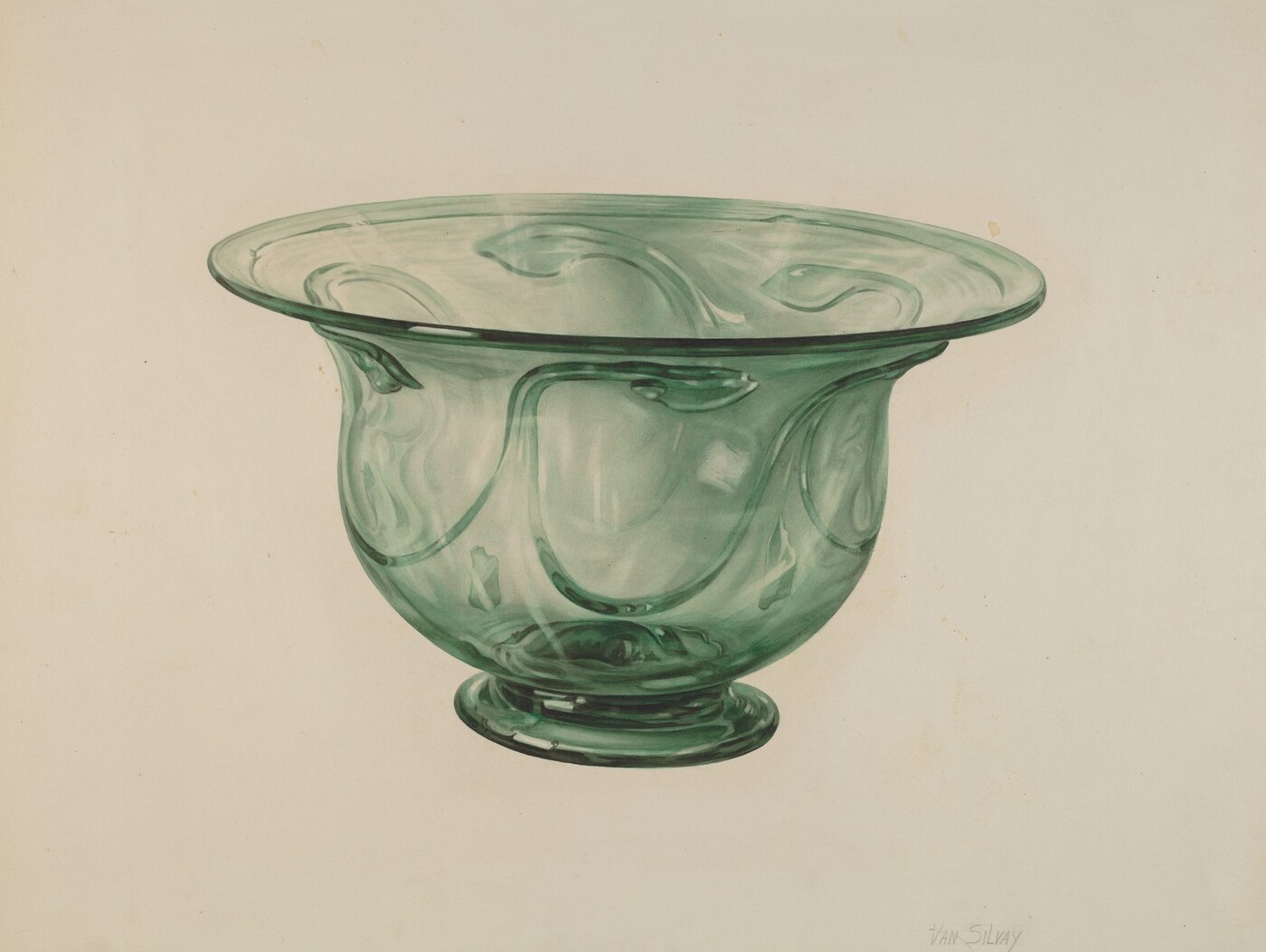 The image shows a large glass bowl with a subtle swirl pattern on its surface. The bowl is light green in color and is positioned centrally in the frame against a neutral background.
