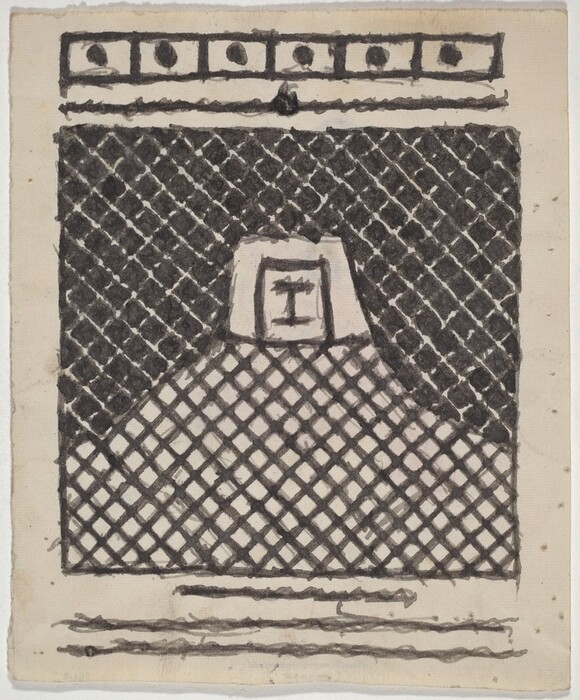 The image depicts intersecting diagonal lines creating a grid pattern with abstract shapes resembling a pyramid or mound at the center. Above the central form are circular dots within rectangular compartments.