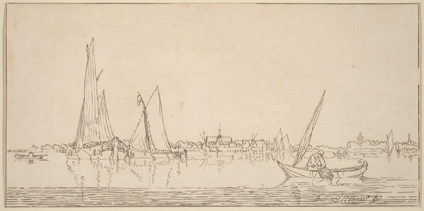 The image shows a serene scene with a low viewpoint overlooking a water body. There are boats and buildings in the distance, possibly a town with a church. The water reflects these forms. A small boat with a figure is on the right, while two larger sailboats with visible masts are on the left, with slightly opened sails. The artwork features thin, precise lines and lacks vibrant colors, creating a minimalist and monochromatic look that highlights the peaceful atmosphere. The palette consists of natural paper tones and dark ink lines.