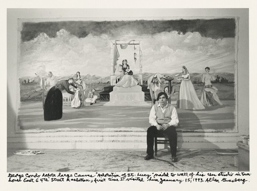 George Condo before large Canvas “Adoration of St. Lucy” nailed to wall of his then studio in townhouse East 64th Street Manhattan, first time I visited him, January 15, 1993.