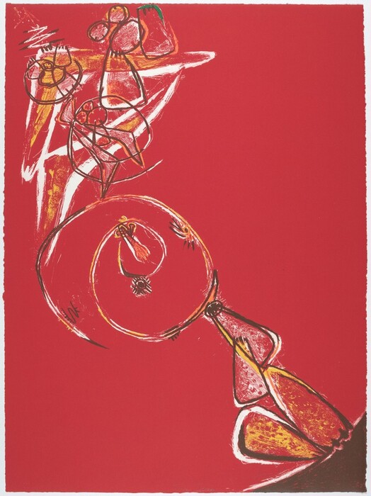 The image displays abstract shapes made of swirling lines and vibrant colors on a red background. The top left quadrant features interconnected circular and linear forms, resembling flowers or gears. The bottom half contains a large, rounded shape similar to a magnifying glass. These elements create motion and fluidity in the composition.