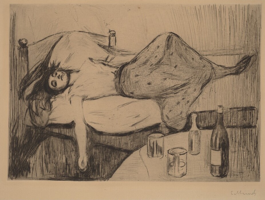 The image shows a person lying diagonally across a bed with closed eyes, dark hair, a light top, and a patterned skirt or blanket. Next to the bed on a table are a wine bottle, a smaller bottle, and two glasses. Simple drawn lines imply a wall behind the bed.
