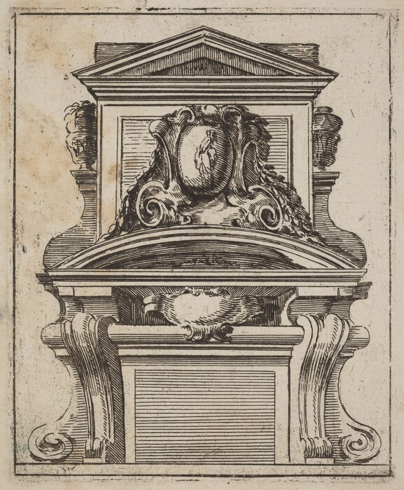 This is a drawing of an elaborate architectural structure. The structure features classical design elements, including an ornate pediment at the top, supported by elegant curvilinear columns with decorative volutes. The central area contains an emblem or cartouche bordered by intricate scrollwork, which holds a small depiction of a figure in its center. Below the emblem, there is an arch-like form with detailed linear shading that adds depth. The embellishments suggest a sense of grandeur and precision typical of classical or baroque architectural drawings. The balance of the composition and the fineness of the ink work highlight the skill in capturing the three-dimensionality and ornate detailing of classical architecture.