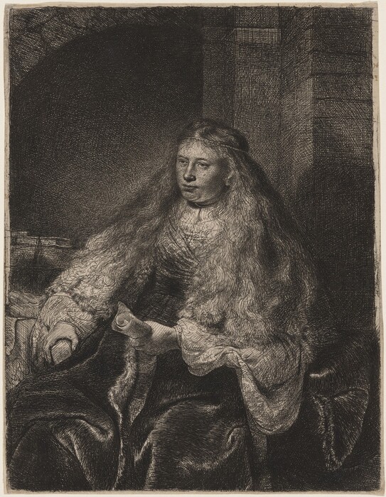 The image depicts a person seated from the waist up, in a slightly angled position towards the left. The individual has prominent facial features with a serene expression, including a broad nose and full lips. They have long, wavy hair cascading down their back, with some framing their face. The person is dressed in a voluminous textured garment, possibly fur-lined, with intricate patterns visible on the sleeves and collar. They hold a partially unrolled scroll in their right hand, while their left hand rests beside them. The background features a dark and detailed setting with a large stone arch or structure contributing to the ambiance.