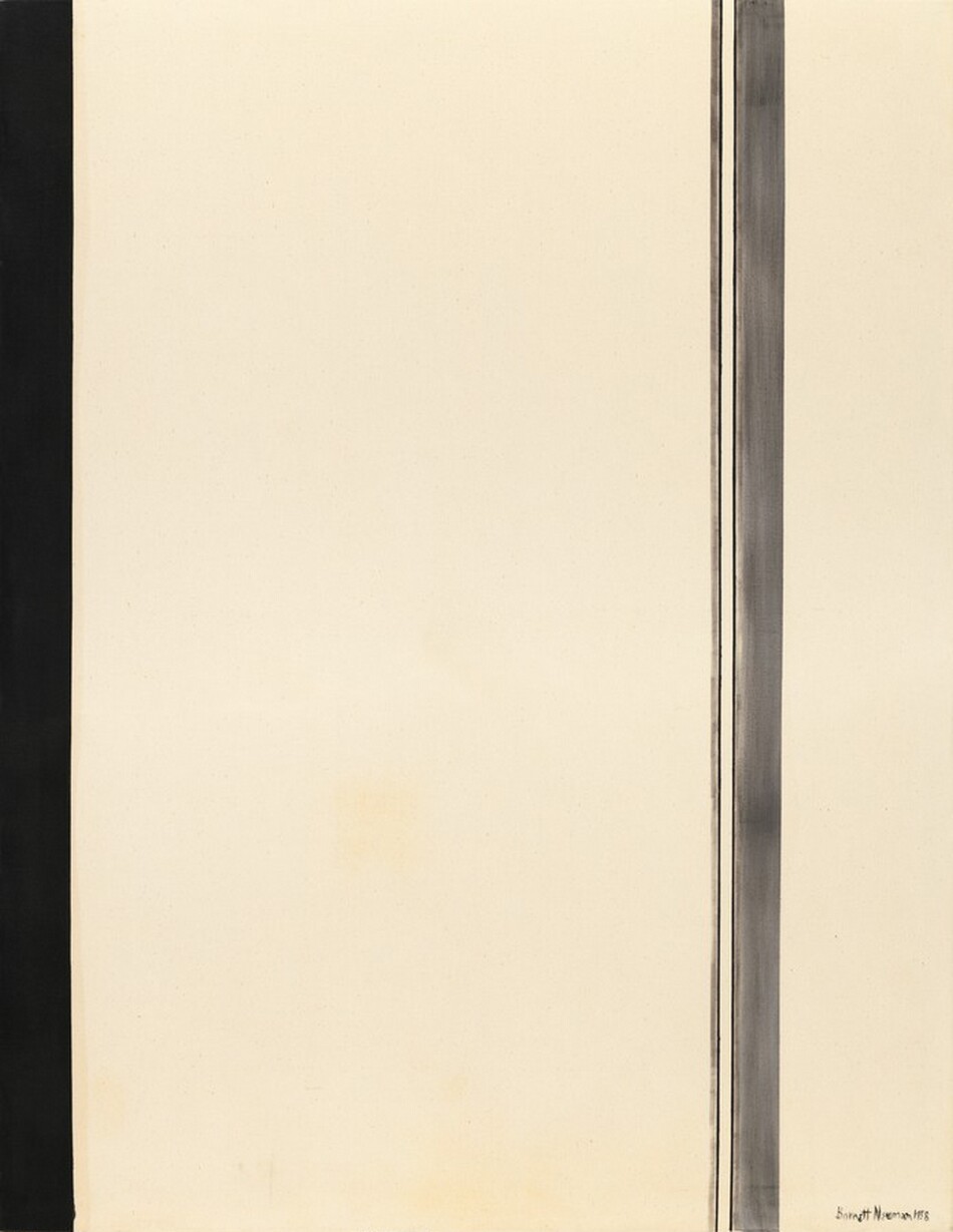 One black and a pair of smoke-gray bands span the height of this otherwise cream-white, vertical, abstract painting. The solid black band is along the left side of the canvas. A faint, slightly darker parchment-brown line fades in and out along its right edge. The pair of gray bands are about three-quarters of the way across the painting from the left. Both are streaky but with crisp edges. The thinner thin gray line is separated from a thicker band with a sliver of white, which is itself lined on each side with black. The artist signed and dated the lower right corner with black paint, “Barnett Newman 1958.”