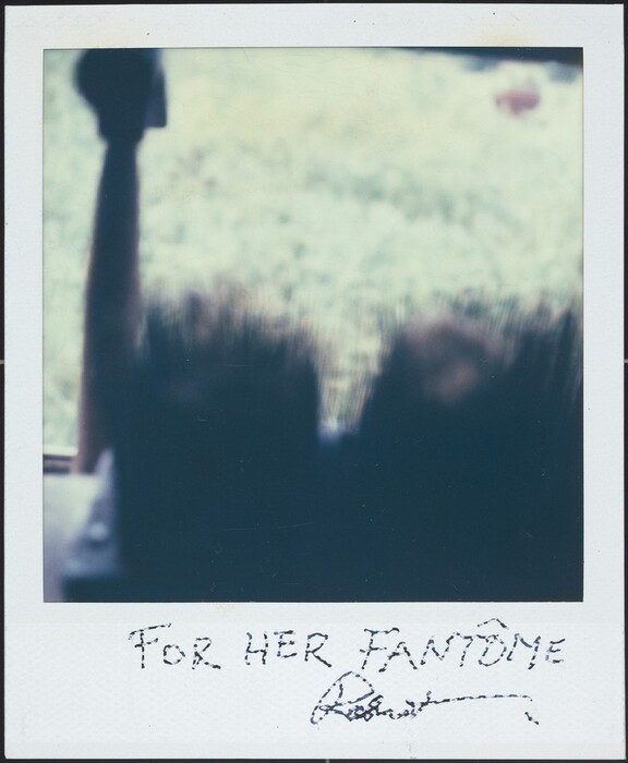 The image shows an abstract composition with blurred, vertical lines and shapes in the foreground. In the distance, there is a blend of colors transitioning from deep blues to lighter hues, similar to a cloudy sky or calm ocean surface. The elements create a dreamy vision with a vague silhouette or structure. The handwritten text at the bottom reads "FOR HER FANTÔME."