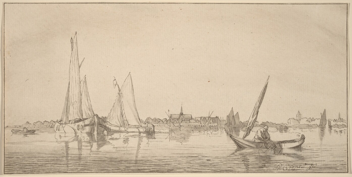 The image shows a riverscape with a low vantage point looking out over the water. The horizon is low, revealing buildings and a structure that looks like a church with a spire. In the foreground, a person is in a rowboat facing left. Further back, two sailboats are anchored, and more boats can be seen in the distance. The scene is rendered in soft graphite with varying intensities to show depth and distance.